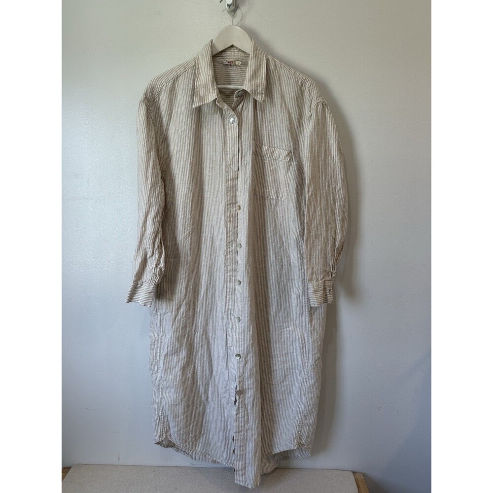 Faherty Laguna Linen Maxi Dress Golden Sun Stripe Button Front Pocket Sz. Large